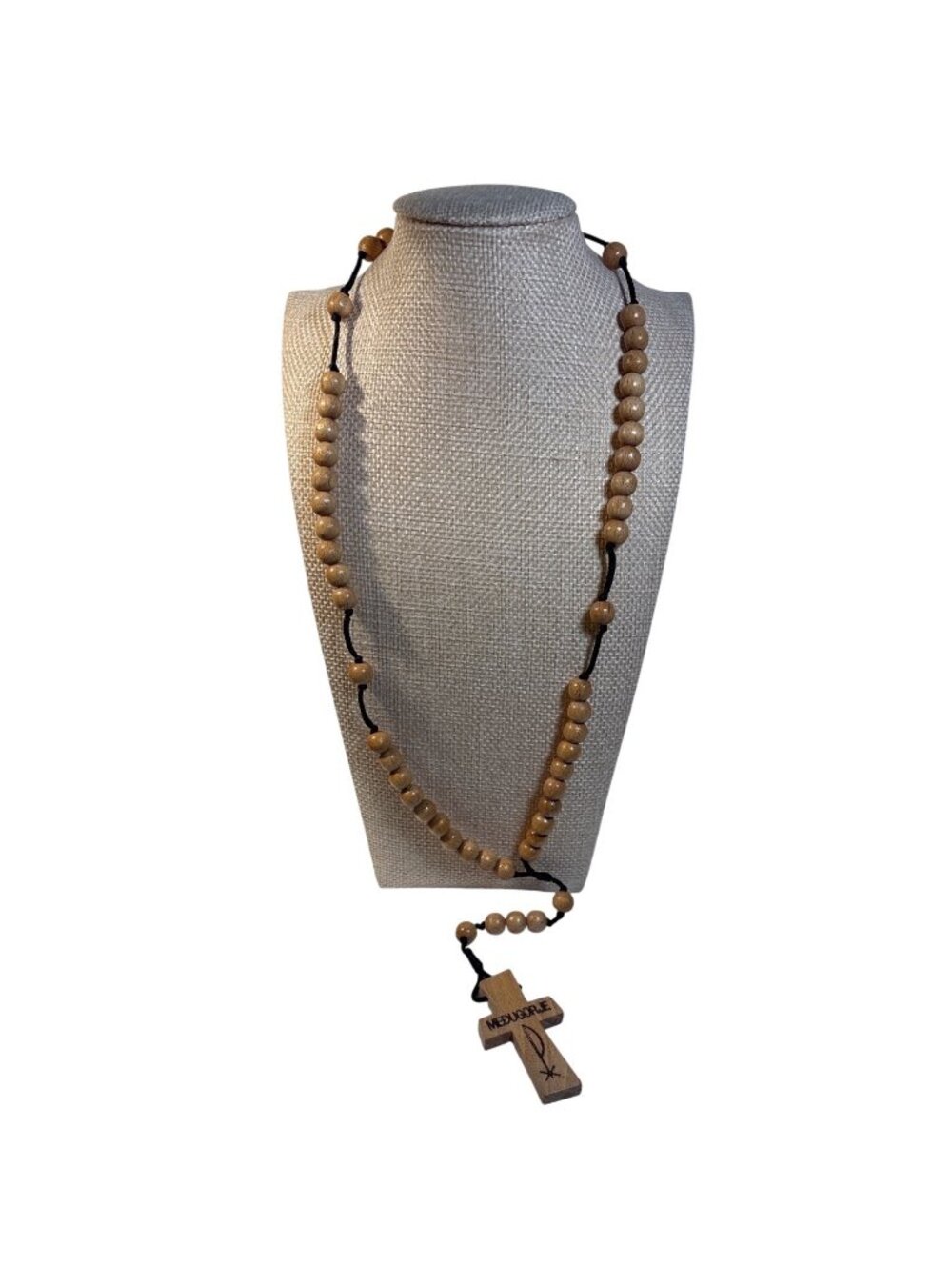 Wooden Medjugorje Rosary Necklace Cross Pendant Prayer Beads Religious 17"